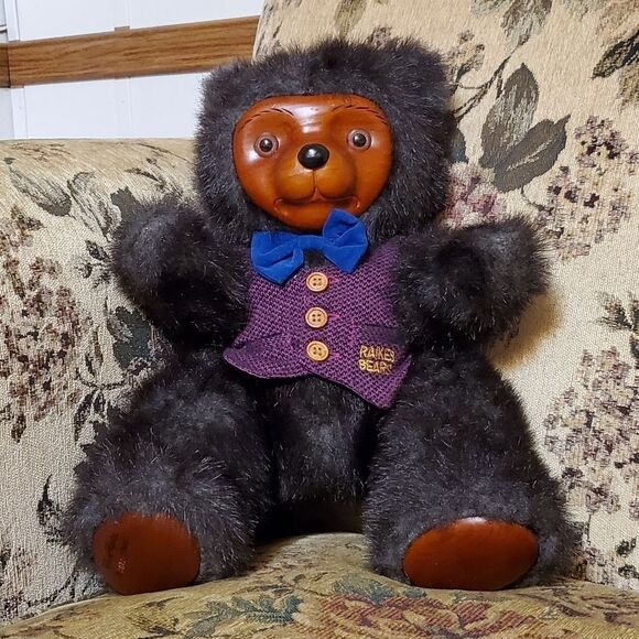 Vintage 1985 Robert Raikes 'Bently" Wood Purple Vest Figurine Teddy Bear - Picture 1 of 8